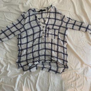 White and Navy Plaid Zara Blouse with Buttons